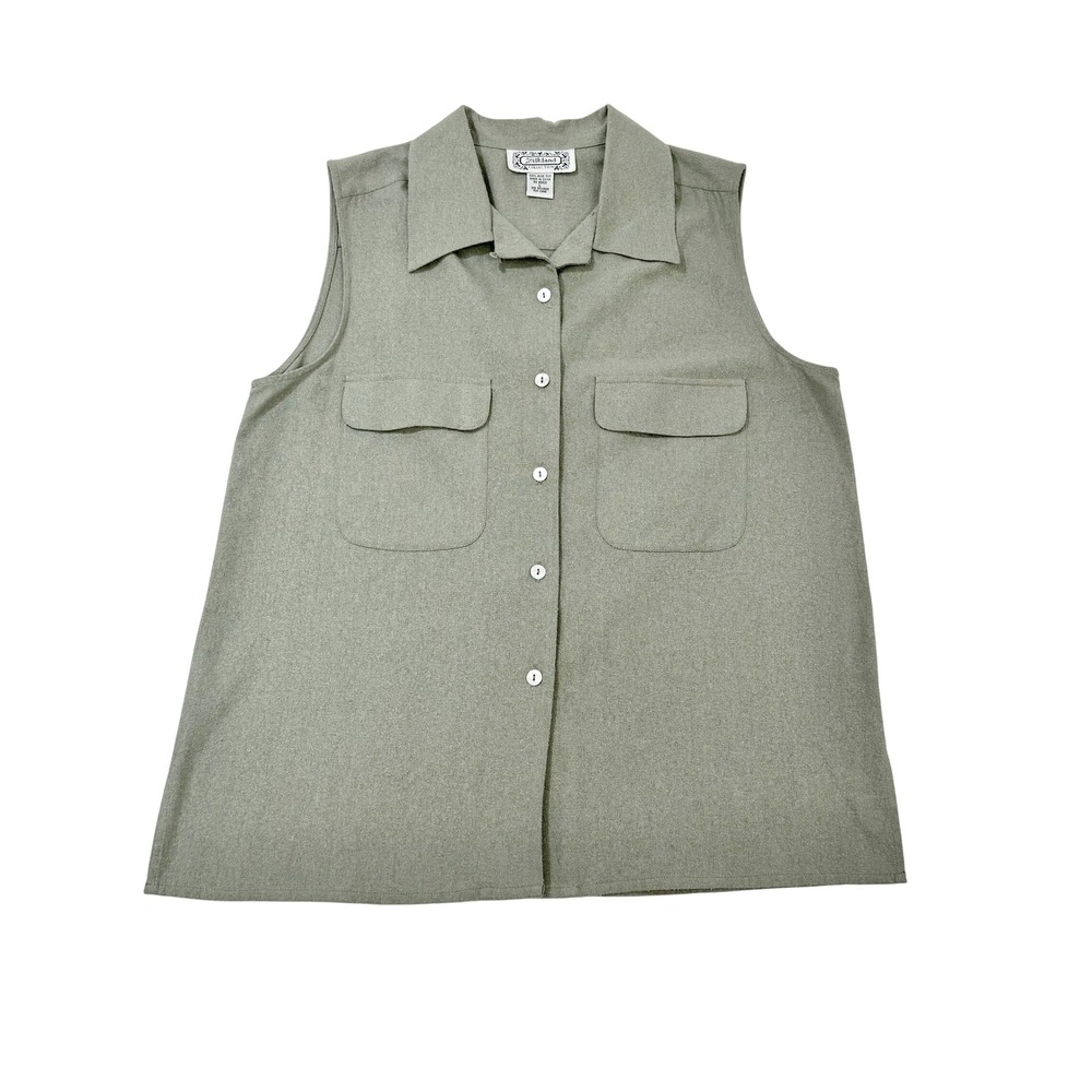 VTG 90s Minimalism Silkland Sage Green 100% Raw Pure Silk Sleeveless Shirt‎ Vest